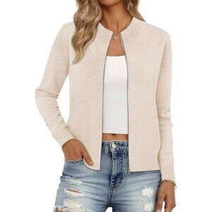 Women's Beige Zip Up Crew Neck  Long Sleeve Trendy Winter Jackets Sweaters